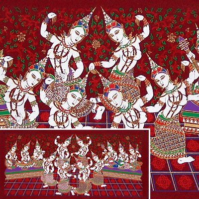 THAI SILK Large Silkscreen Wall Hanging SIAM DANCE MUSIC GIRLS #5 Redâ FREE Shipping WORLDWIDE