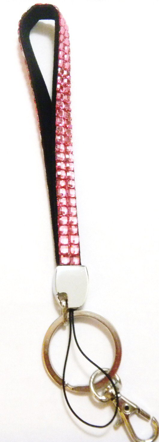 Light Rose Pink Rhinestone Lanyard Wrist Holder 8" Pink/Black