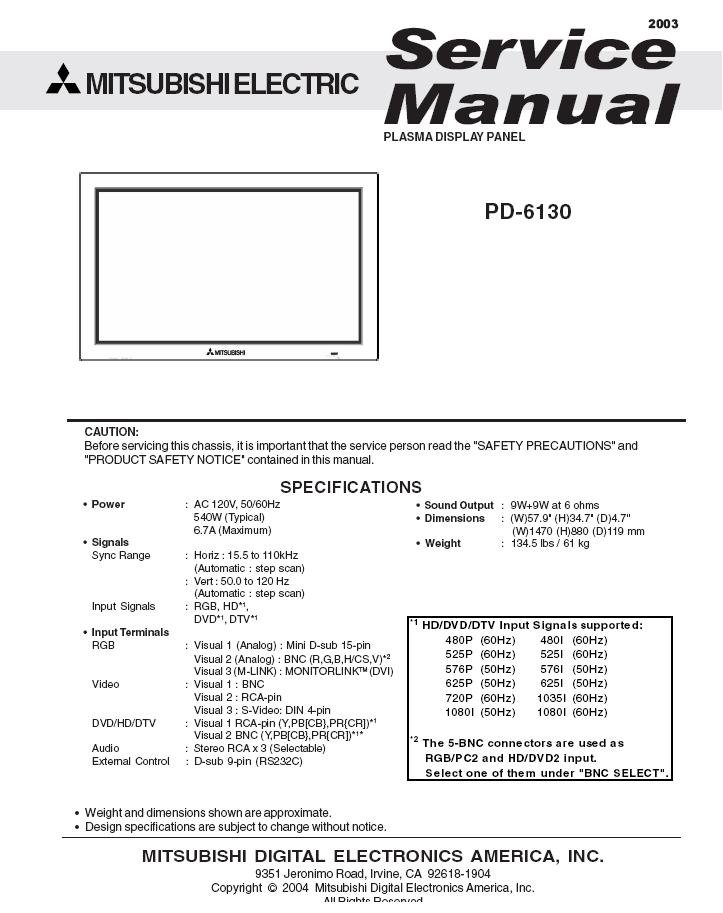 Mitsubishi Pd 6130 Plasma Display Service Manual - Ebook