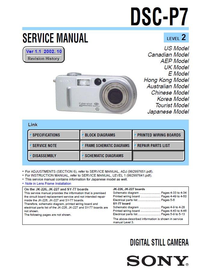 SONY DSCP7 DIGITAL CAMERA SERVICE REPAIR MANUAL