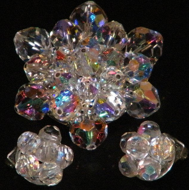 Aurora Borealis Cluster Bead Brooch Earrings Set
