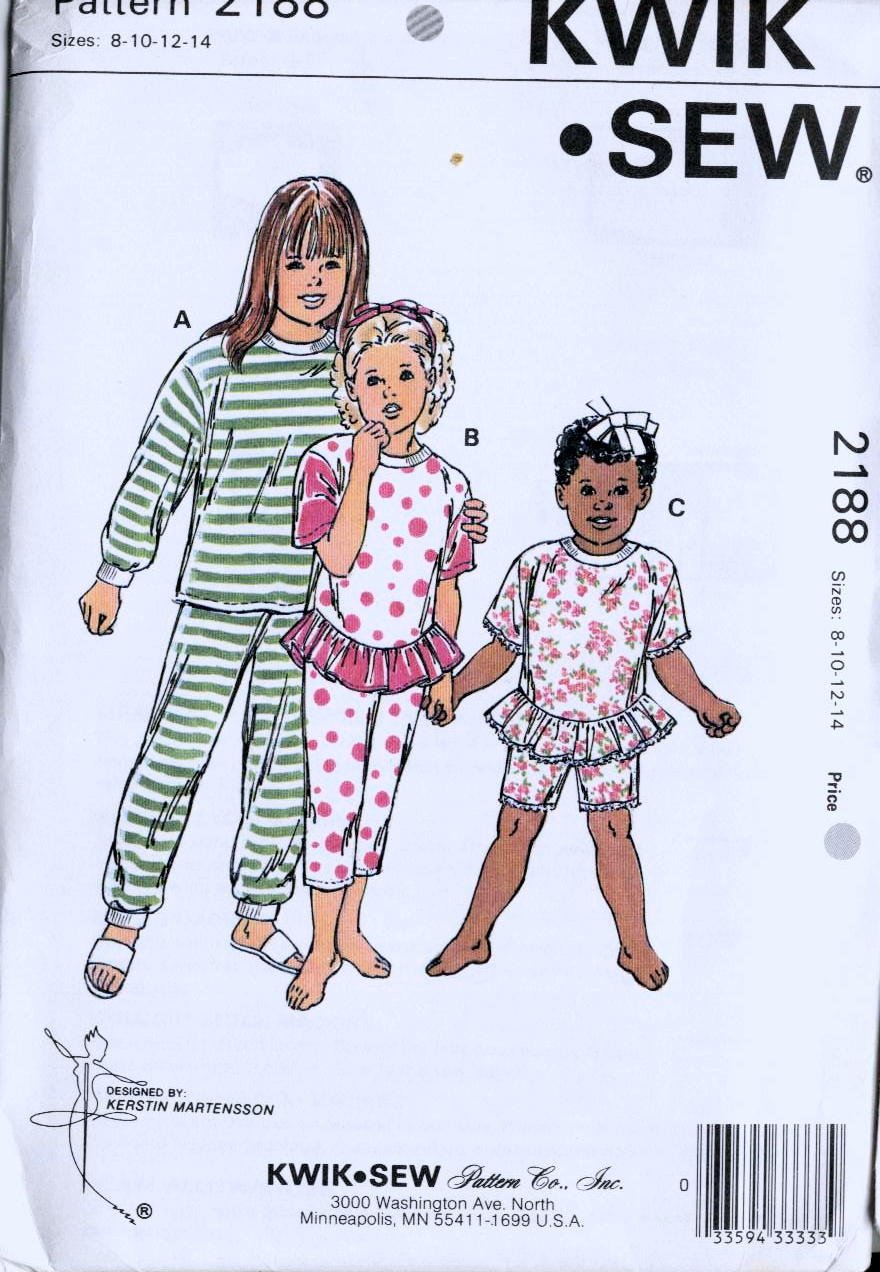 Pajamas sewing pattern Girls 8 10 12 14 Kwik Sew 2188
