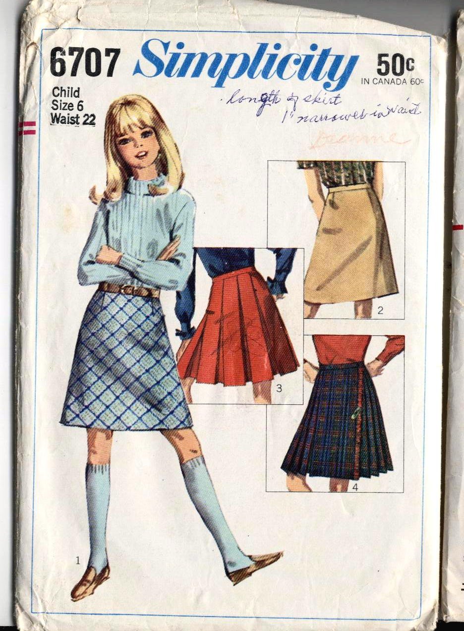 60s vintage Girls Pleated, Straight Skirts size 6 sewing pattern Simplicity 6707