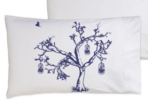 Birds of Freedom Tree Bird Cage Navy Blue Oak Tree bedding NEW white pillowcase