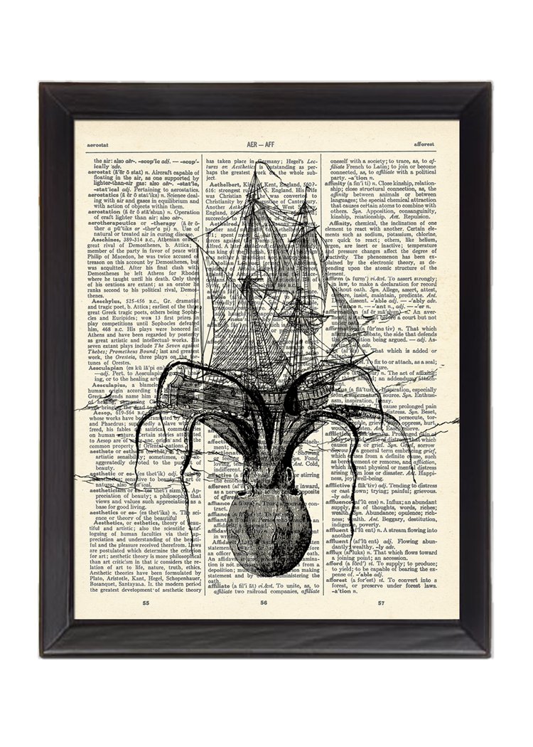 Octopus Attacking Ship Printed On 1900's Dictionary Page 8x10