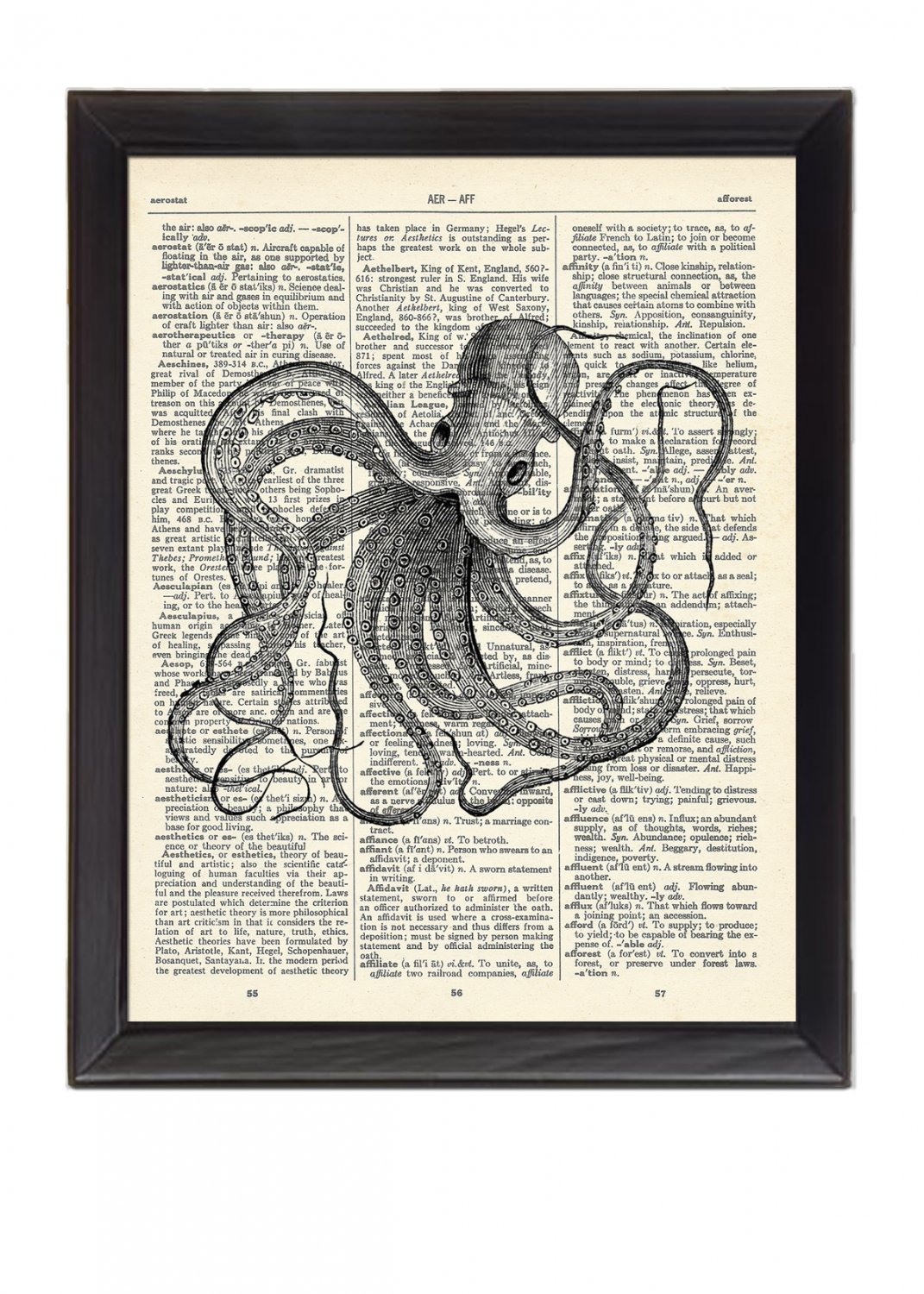 Octopus Crazy Printed On 1900's Dictionary Page 8x10