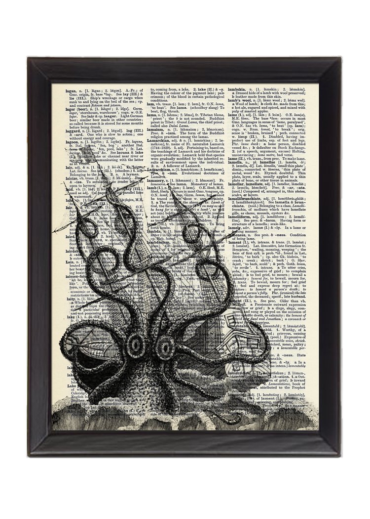 Octopus Attack Printed On 1900's Dictionary Page 8x10
