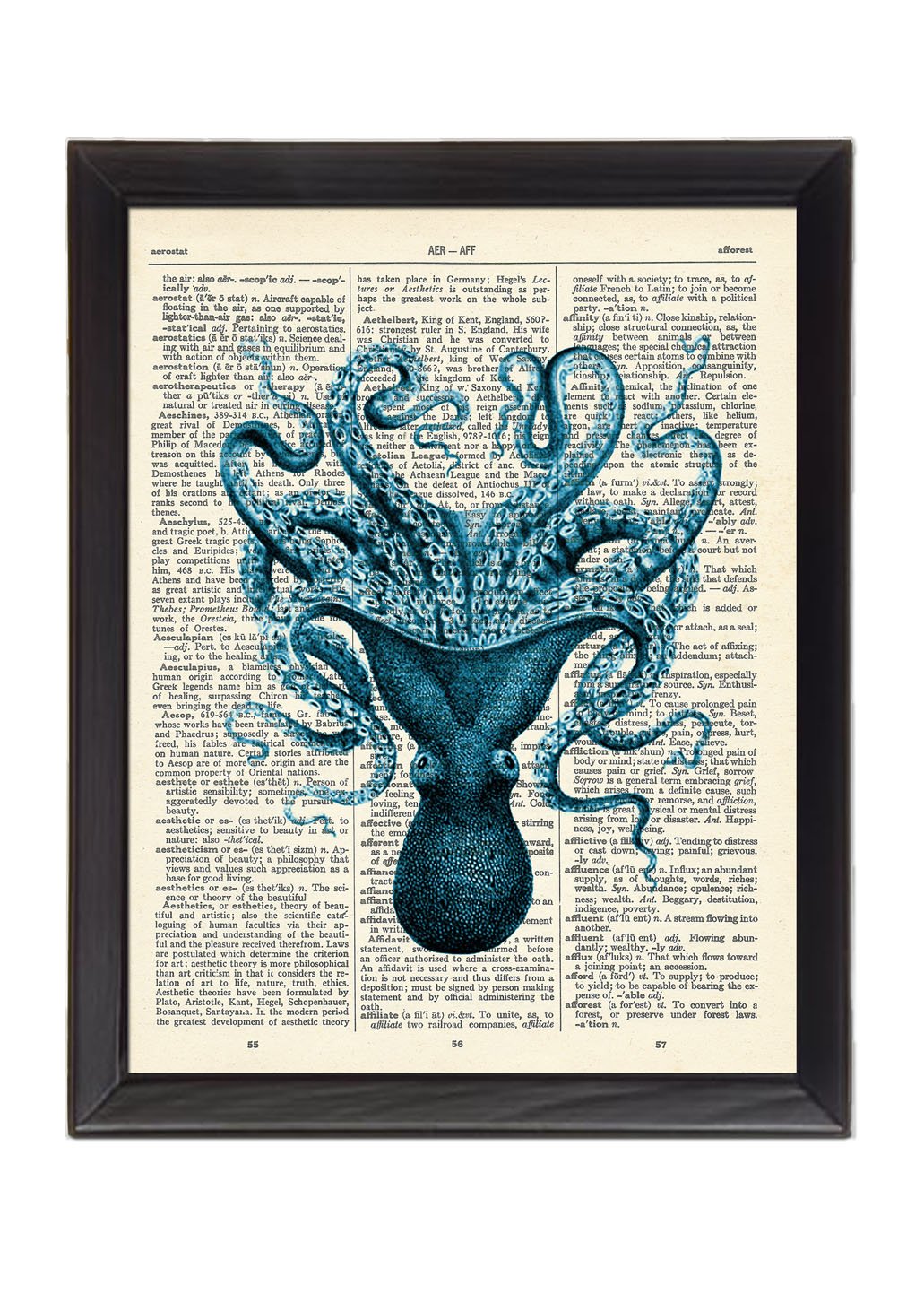 Blue Octopus Printed On 1900's Dictionary Page 8x10