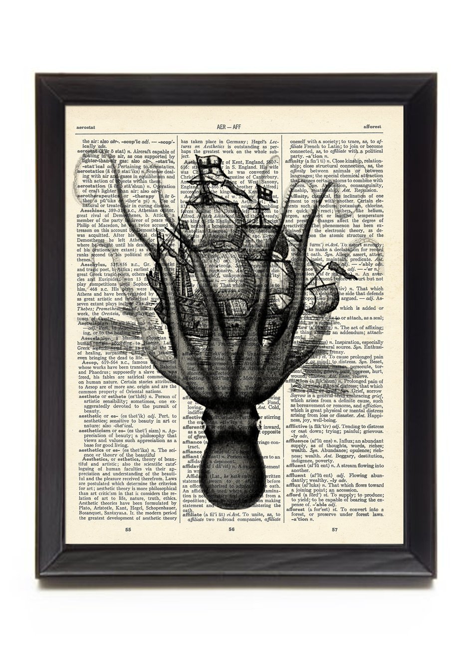 Octopus Attacking Ship Printed On 1900's Dictionary Page 8x10