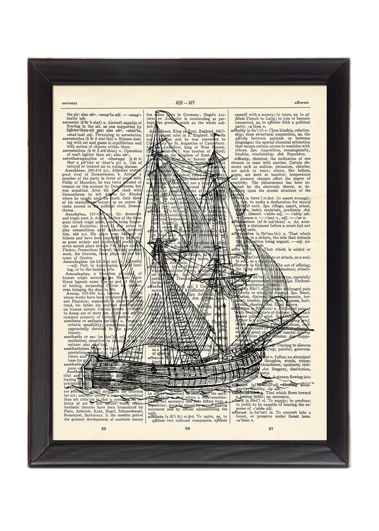 Clipper Ship Printed On 1900's Dictionary Page 8x10