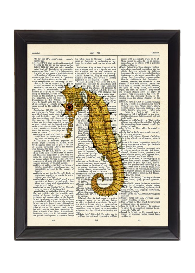 Yellow Seahorse Printed On 1900's Dictionary Page 8x10