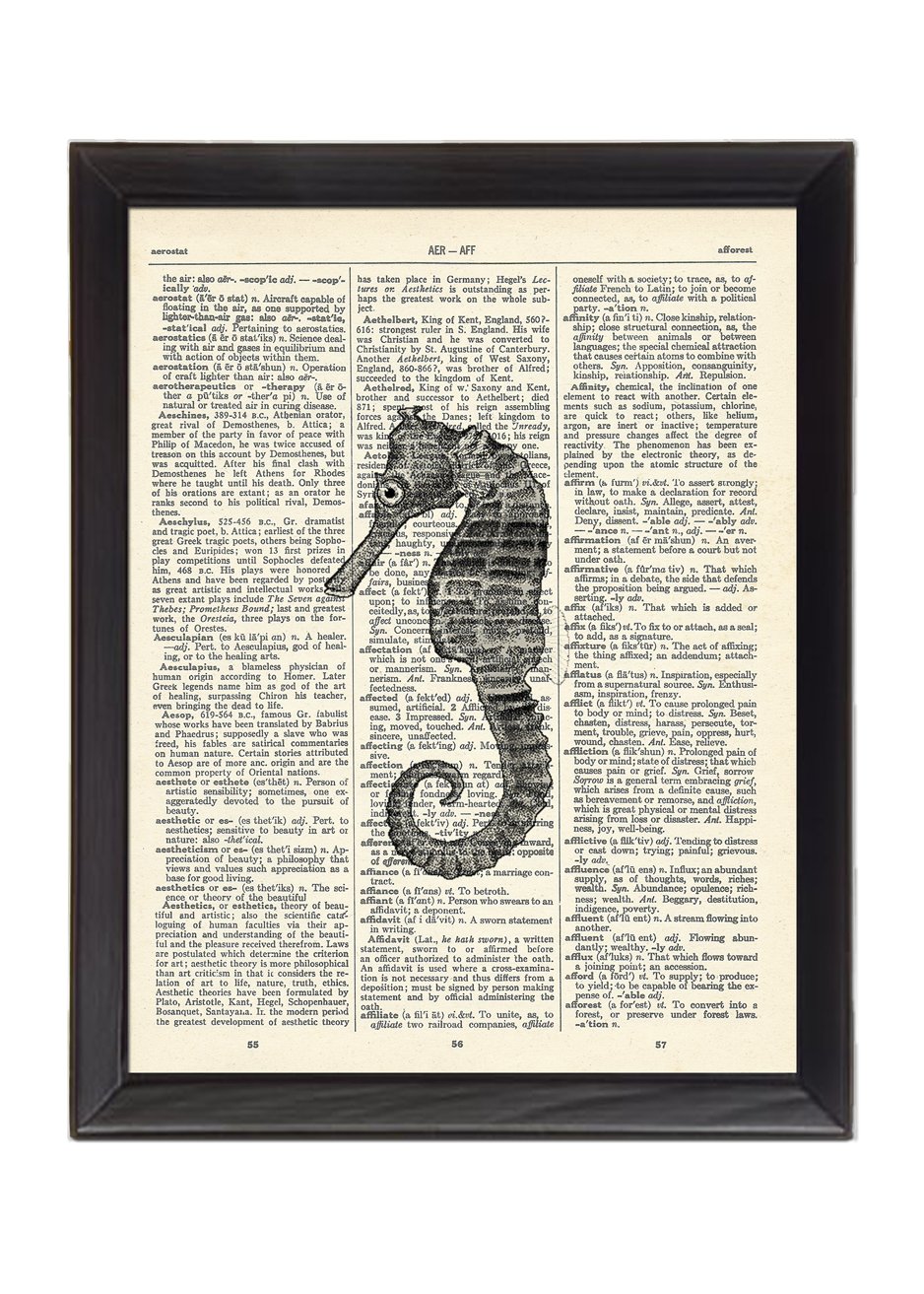 Black & White Seahorse Printed On 1900's Dictionary Page 8x10