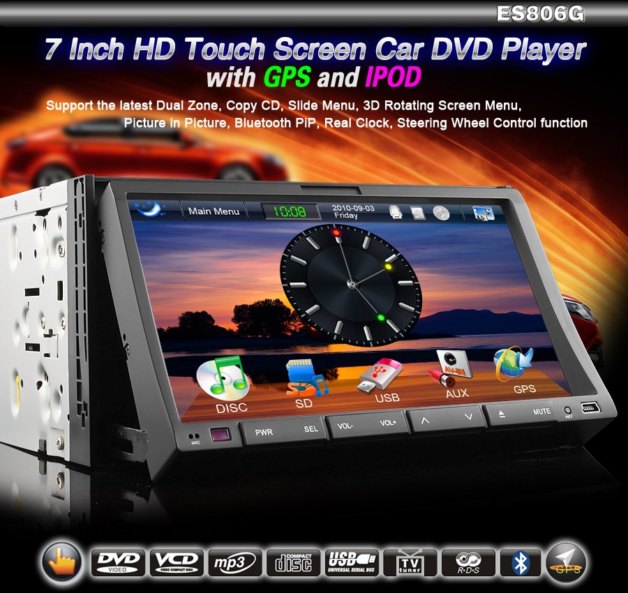 2 Din HD 7 inch Touchscreen Car Sat Nav TV 3D Rotating GPS Dual Zone BT PIP Radio/DVD/iPod-806