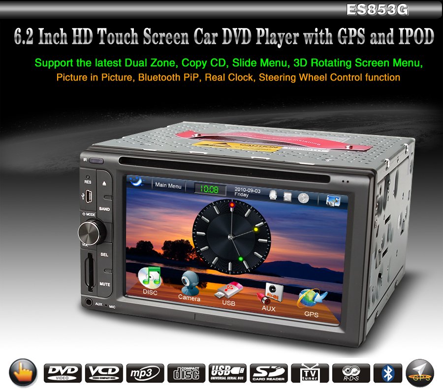 HD Touch Screen 2 din 6.2 " Car Video Player GPS PiP Dual Zone Analog TV RDS 853G