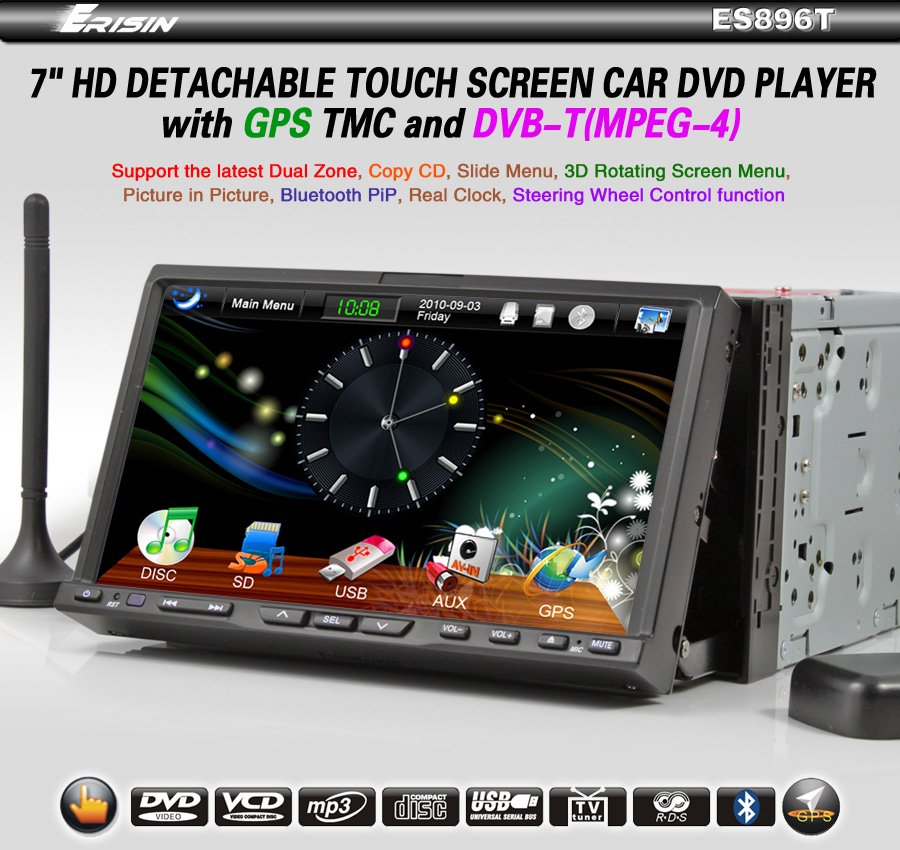 7 inch Double Din 3DCar DVD Player DVB-T(MPEG4) GPS TMC Bluetooth PIP Detachable Panel -896T