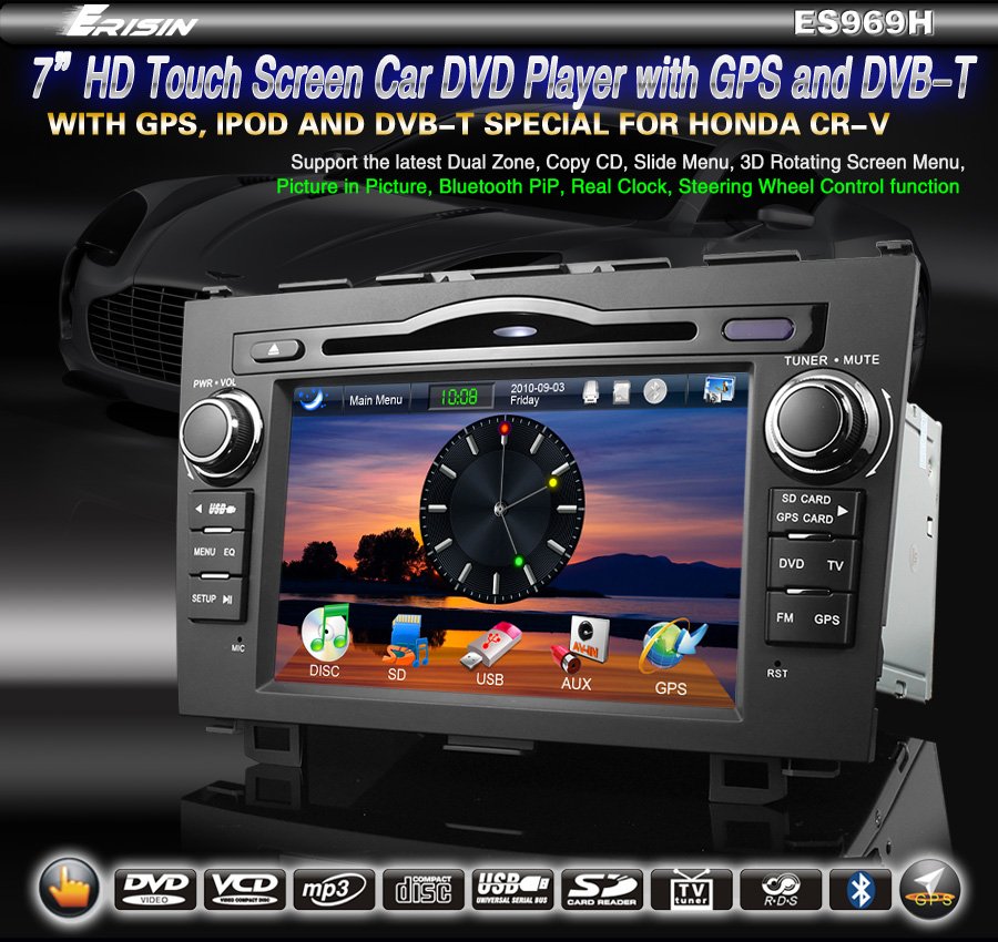 7" 2 Din HD Touch Screen Car DVD System for HONDA CR-V DVB-T GPS Window CE 6.0 3D- 969H