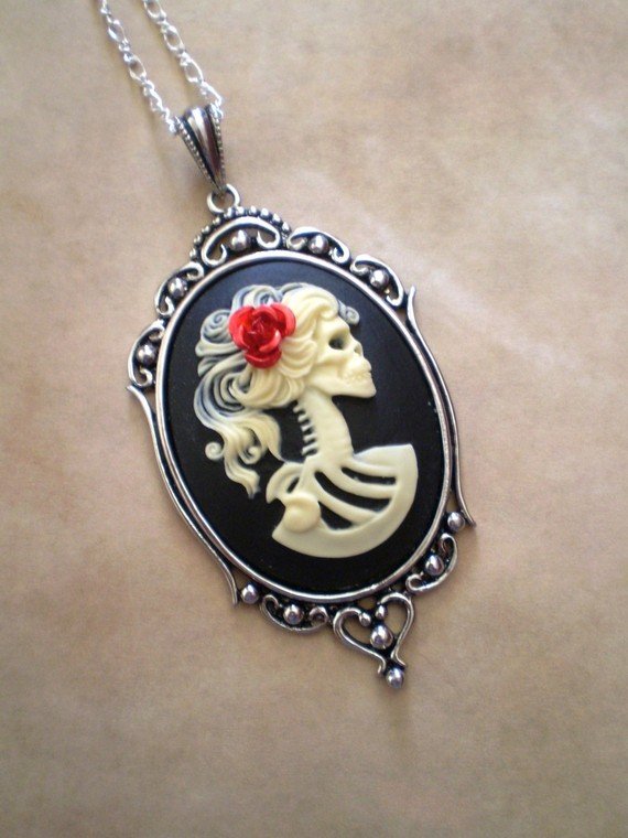 Gothic Ivory Black Lolita Skeleton Zombie Cameo Necklace
