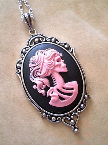 Gothic Pink Black Lolita Skeleton Zombie Cameo Necklace
