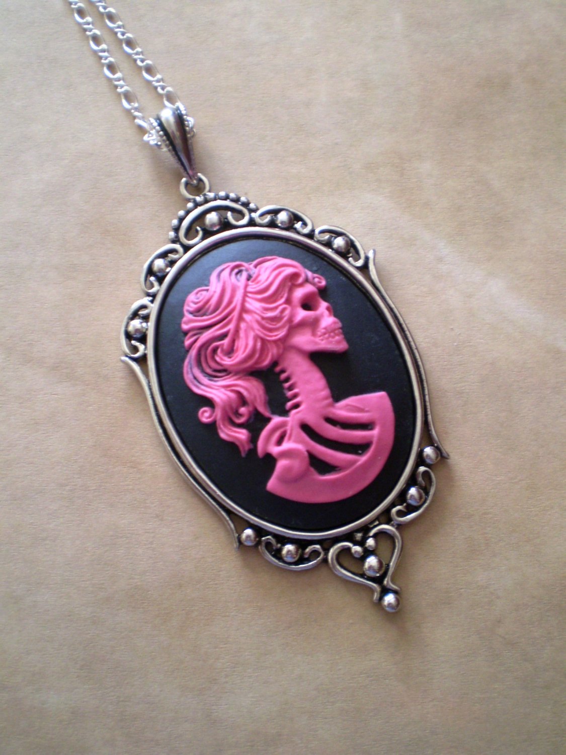 Lolita Skeleton Zombie Cameo Necklace - Gothic Hot Pink Black