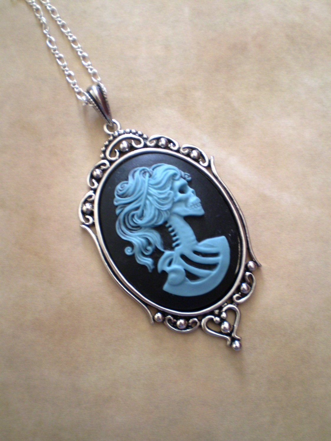 Gothic Teal Black Lolita Skeleton Cameo Necklace