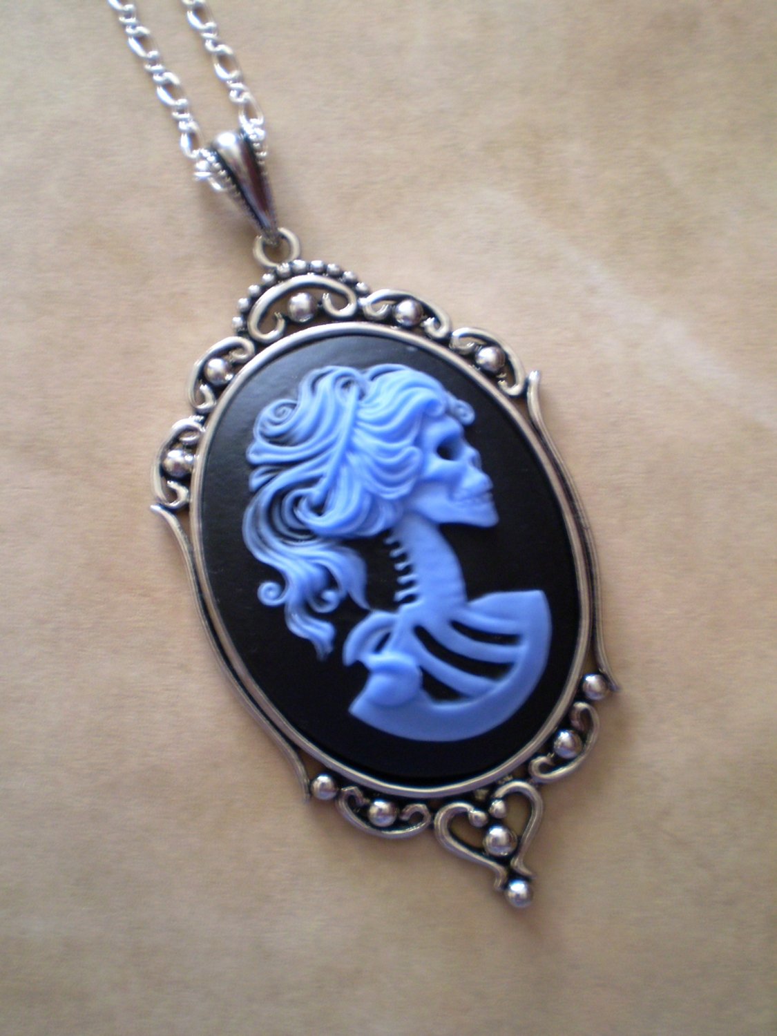 Gothic Midnight Blue Black Lolita Skeleton Cameo Necklace
