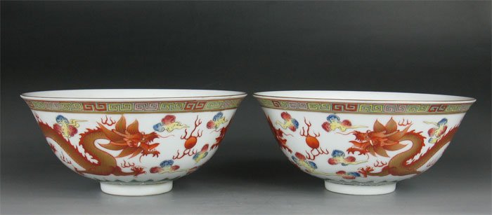 Pairs QING DYNASTY Famille Rose IRON-RED Dragon WITH GILD BOWLS#P2564