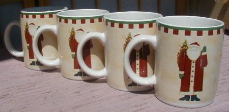 Debbie Mumm Folk Art Santa's MUGS SET OF 4 - NEW