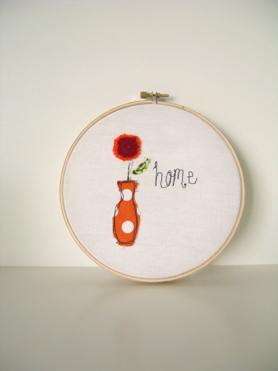 Home Orange Polka Dot Vase with Cherry Red Flower Embroidery with Hoop