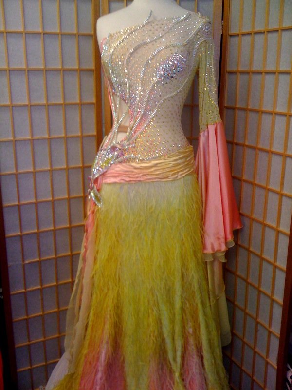 yellow and pink ball gown for dance competitions