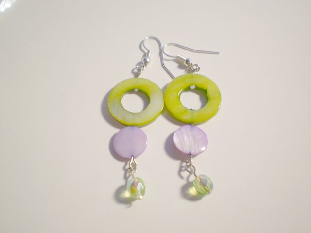 Lime Green and purple shell and glass earrings