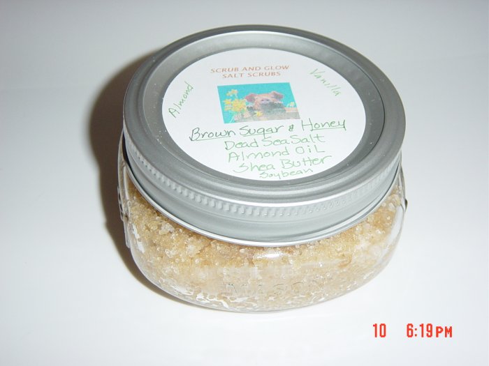 BROWN SUGAR AND HONEY SCRUB AND GLOW DEAD SEA SALT SCRUB, 8 OZ. JAR