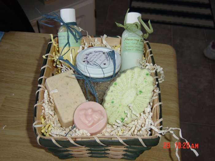 GIFT BASKET/baskets WITH HANDMADE SOAPS AND SALTS - 5 ITEMS YOUR CHOICE