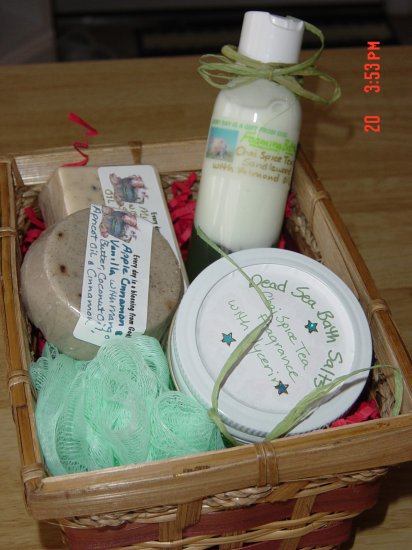 GIFT BASKET/BASKETS WITH HANDMADE SOAPS AND SALTS - 4 ITEMS YOUR CHOICE