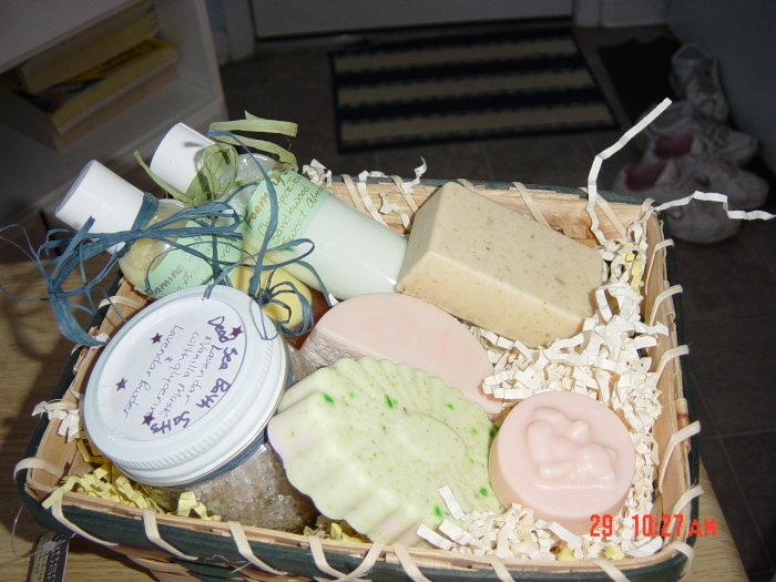 GIFT BASKET/BASKETS WITH HANDMADE SOAPS AND SALTS - 6 ITEMS YOUR CHOICE