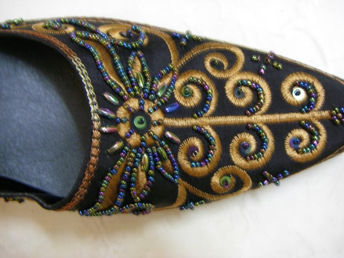 Classique Black Embroidered open backed court shoes Size US 8