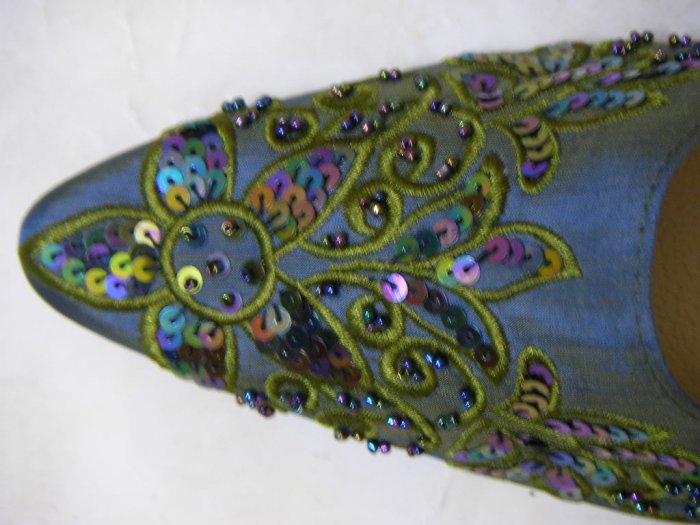 Classique Blue Embroidered/Beaded Open backed court shoes US 8