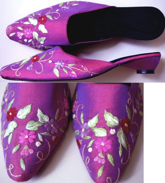 Classique Mauve/Pink Embroidered Open backed court shoes US 7.5