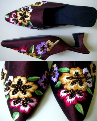 Classique Brown Embroidered/Beaded Open backed court shoes US5.5
