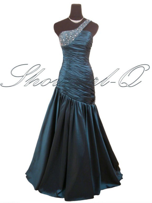 ONE SHOULDER TEAL EVENING DRESS PROM BALL GOWN WEDDING