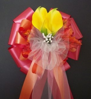RED & ORANGE w/Yellow Calla Lily/Fall Autumn Pew Bows - Wedding