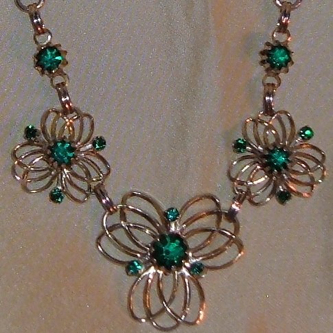 Vintage Floral Design Necklace Green Rhinestones Circa 1970s