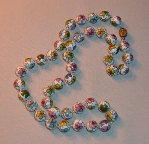 Vintage Cloisonne Bead Necklace Knotted Strand 25" 12mm