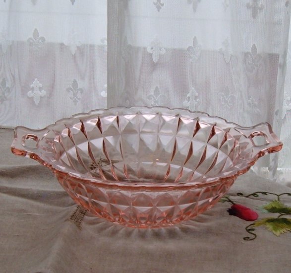 Windsor Pattern Depression Glass Handled Serving Bowl - Pink