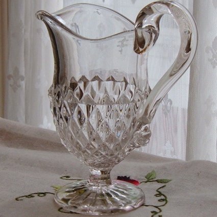 Diamond Point Footed Creamer with Applied Handle - Antique Pressed Glass