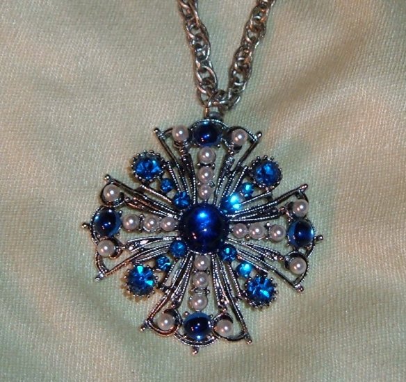 Vintage Blue Rhinestone Pendant - Greek Cross in Silvertone