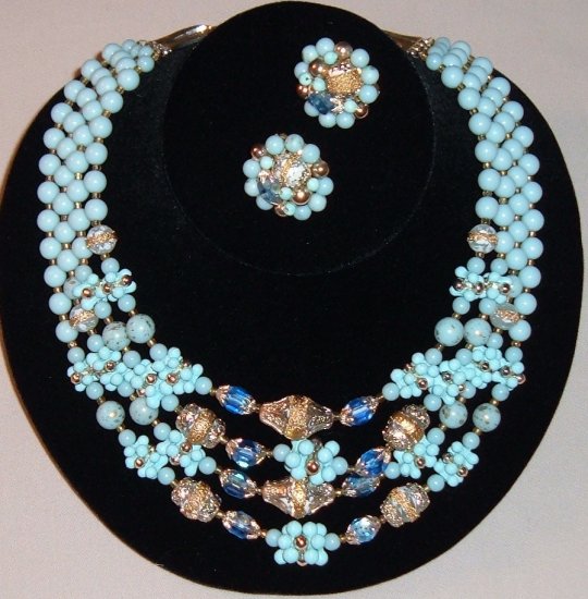 Vintage Japan Glass Bead Necklace, Earrings in Blue