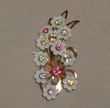 Pretty Spring Floral Brooch circa 1960's with Plastic and Rhinestones