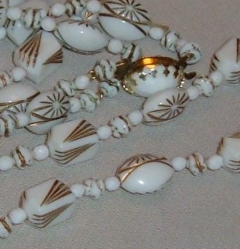 West Germany Bead Necklace with 2 Strands, Incised Goldtone Design