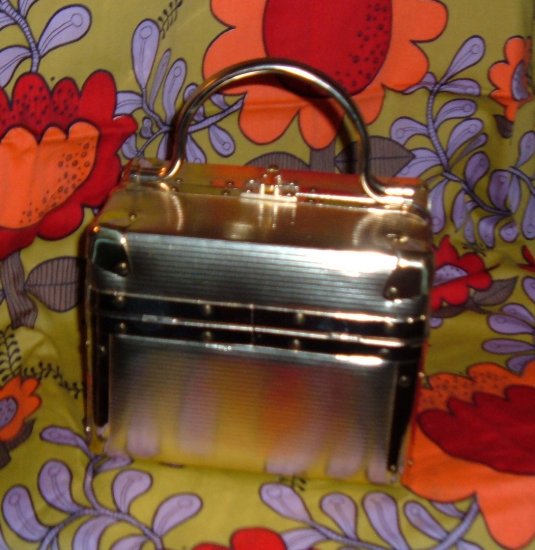SOLD~ Vintage Delill Train Case Handbag with Gold Texture Stripe Pattern