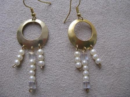 Gold, Pearl Colored, & Crystal Chandelier Earrings